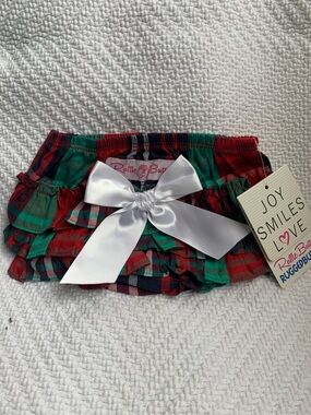 RuffleButts Kennedy Plaid Ruffle Bloomers with White Bow